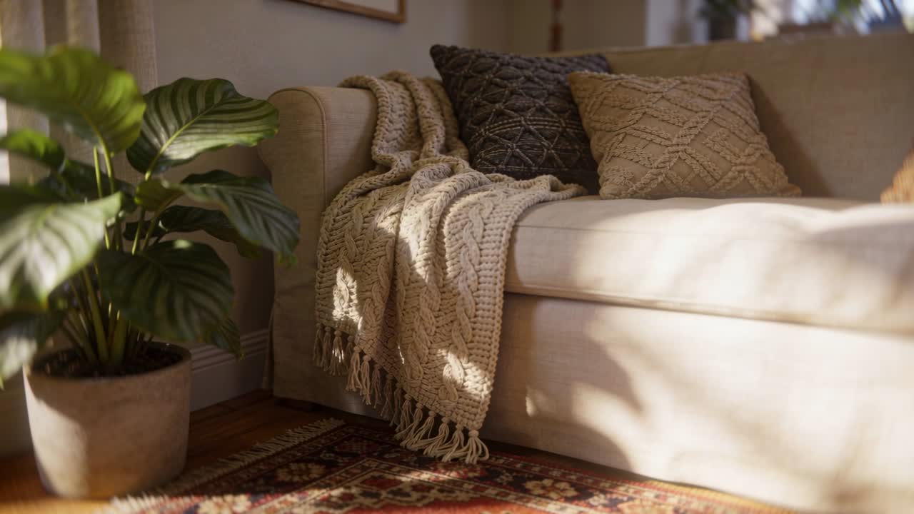 Video verticale: Sole che si sposta dalla finestra di casa proiettando ombre di foglie su cuscini decorativi di un divano beige.