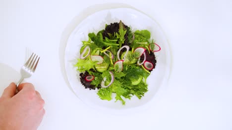 A-Beautiful-Overhead-Product-Staging-Top-Down-Chef-Created-Garden-Lettuce-Turnip-Salad-Meal-is-Assembled-on-a-White-Backdrop-Food-Photography-Table-with-Glassware-and-Silverware