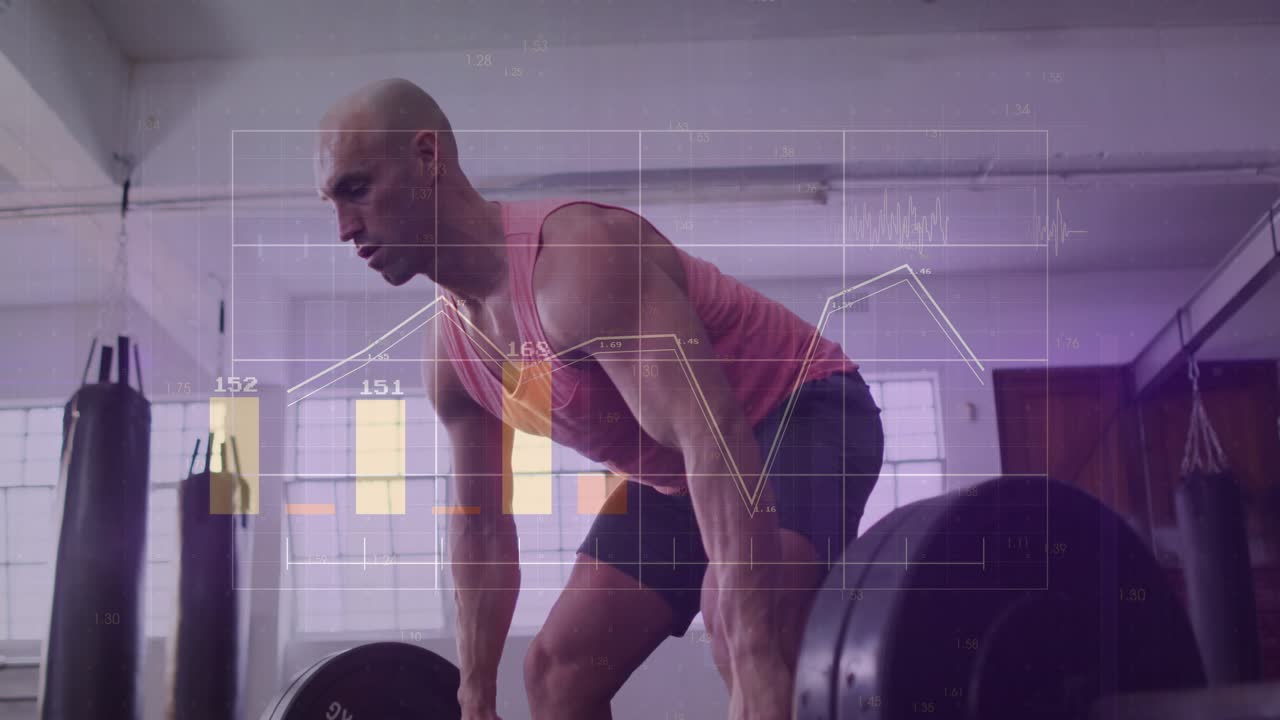 Male lifter bending over gripping barbell and pulling with overlaid charts tracking fitness metrics