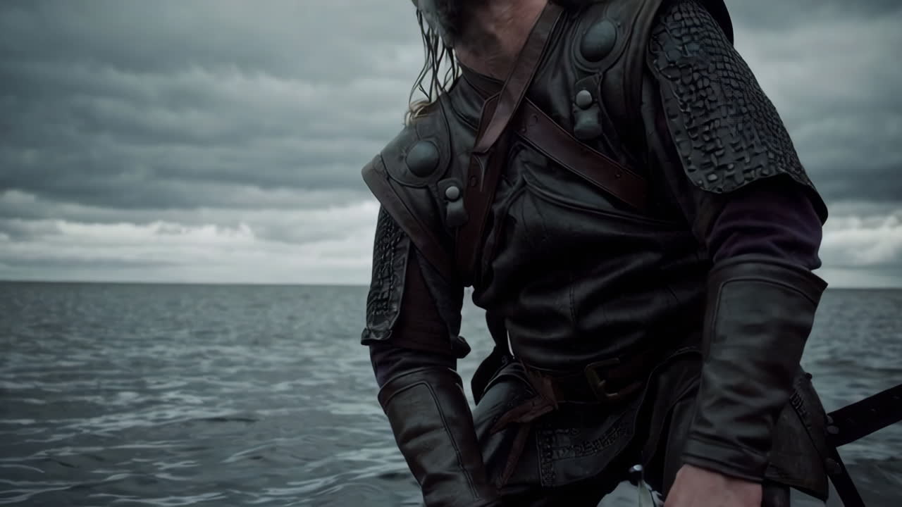 Viking Warrior on a Boat During Stormy Weather