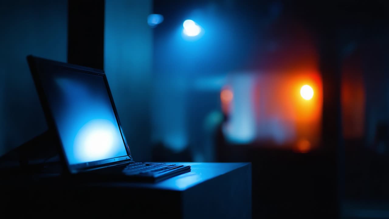 En mørk og dyster scene med en bærbar computer i et svagt oplyst miljø med blød blå og orange belysning, der fremhæver teknologi og stemning