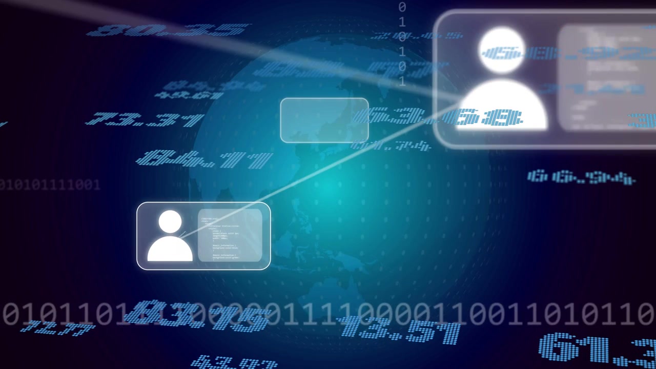 Tarjeta de perfil apareciendo gradualmente, globo girando, nodos conectándose, números desplazándose, mostrando una red global