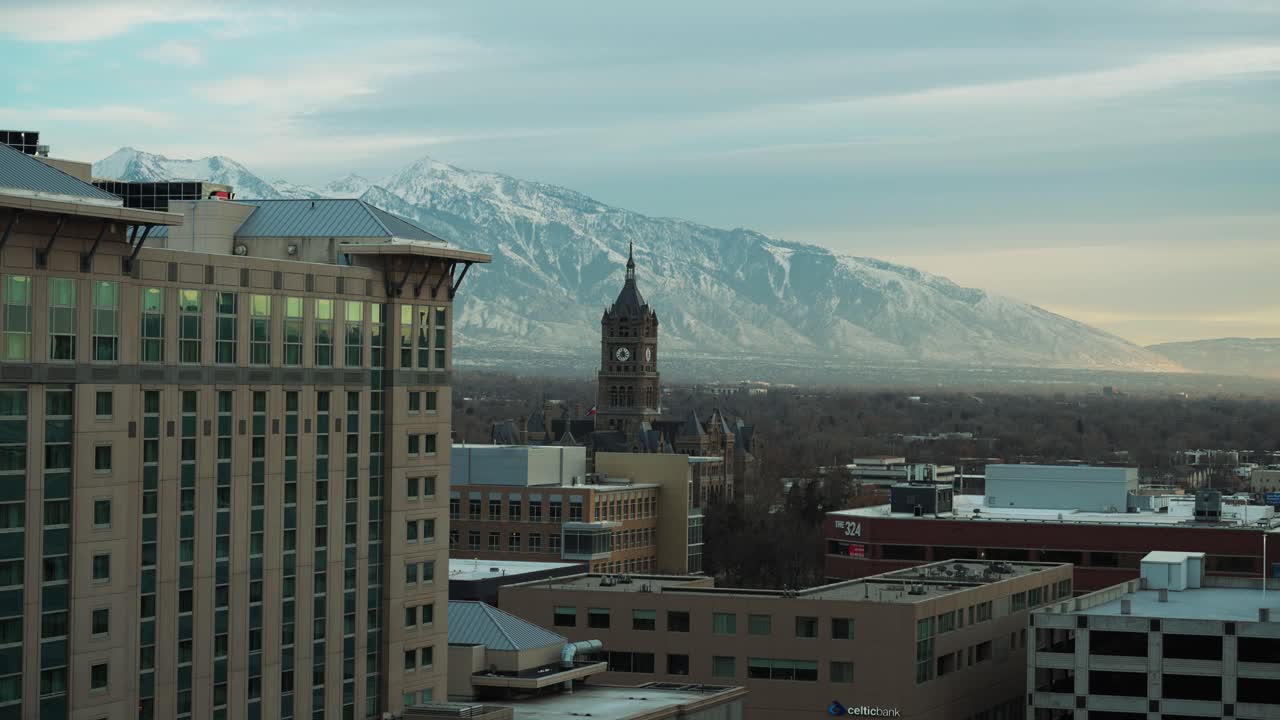 Downtown Salt Lake City Utah city hall with mountains.