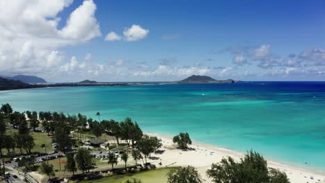 drone shot of kailua beach with the mokulua islands off in the distance