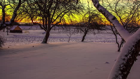 lapso de tiempo de amanecer brillante en la nieve de invierno con movimiento dinámico
