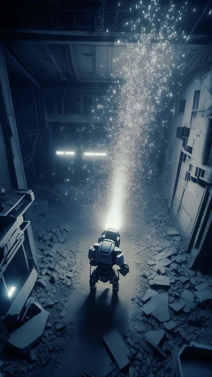 Futuristic Robot Standing in Ruined Industrial Building with Glowing Light Beam