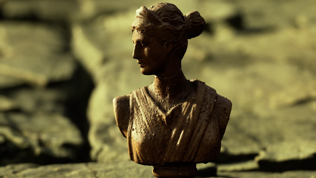 Bust of a woman displayed on cracked stone surface in natural light