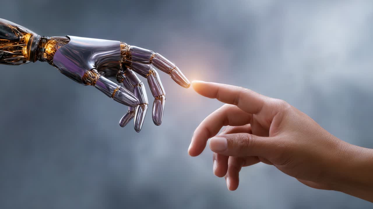 A mesmerizing encounter between the intricate design of a robotic hand and a human hand, symbolizing the convergence of technology and humanity in a moment of connection and understanding