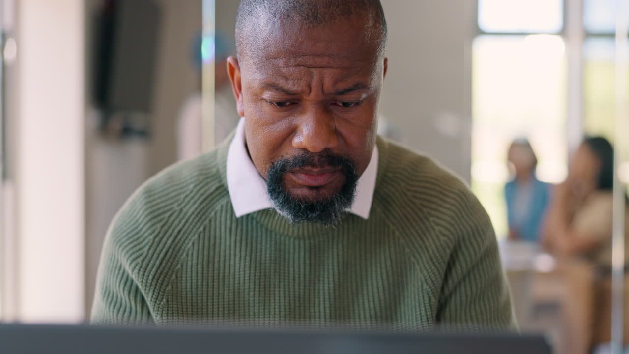 Laptop problem, face or businessman reading review