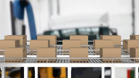 multiple delivery boxes on conveyor belt against factory in background