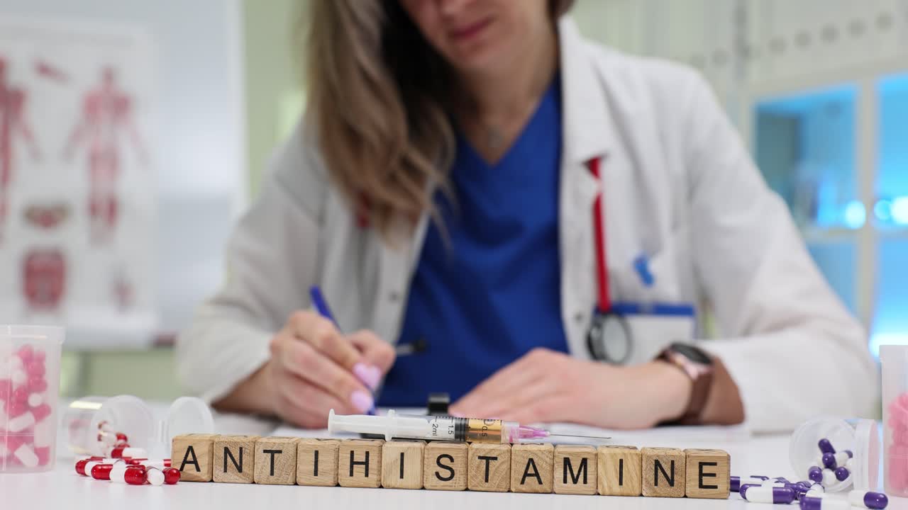 Farmaco antistaminico con medico che scrive in uno studio medico.