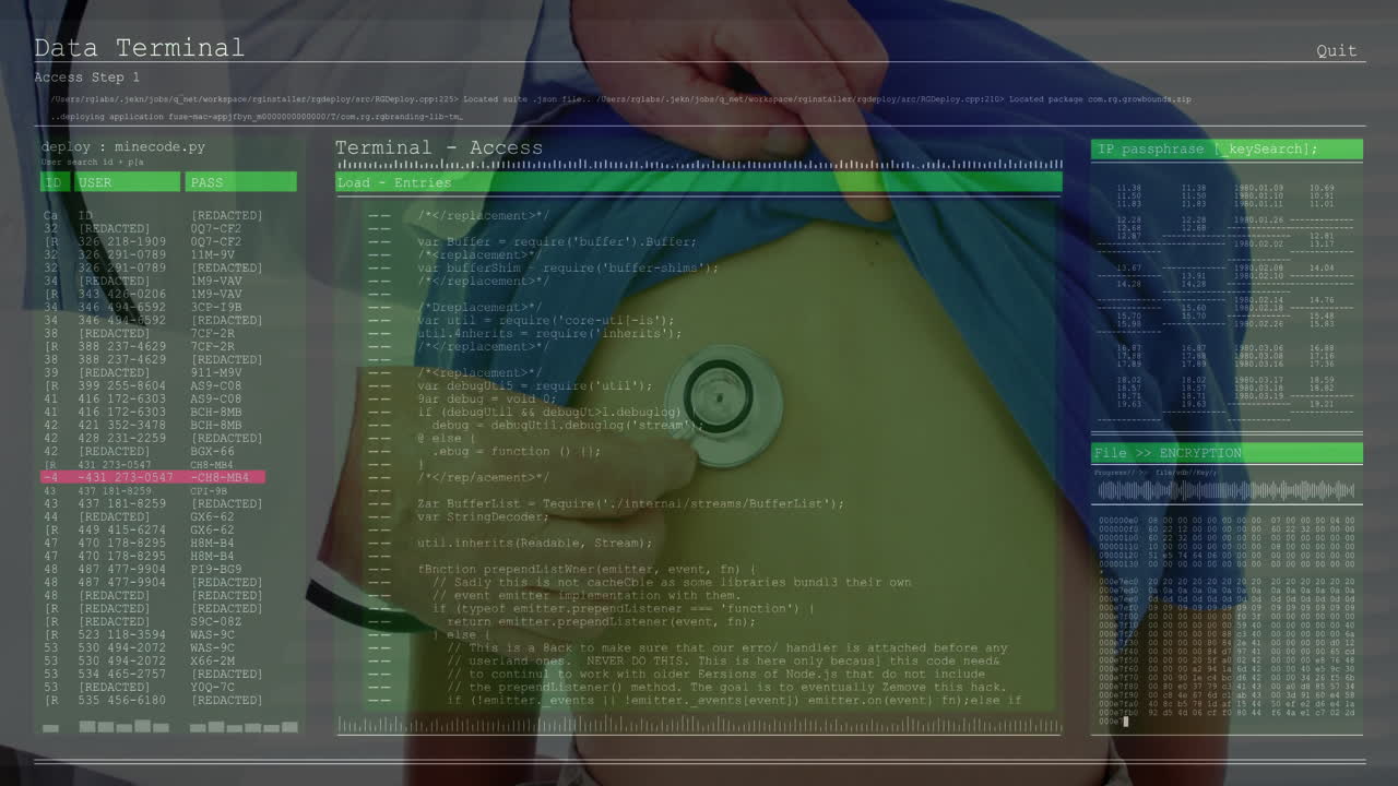 senior male doctor pressing stethoscope against boy abdomen, showing medical encryption overlay