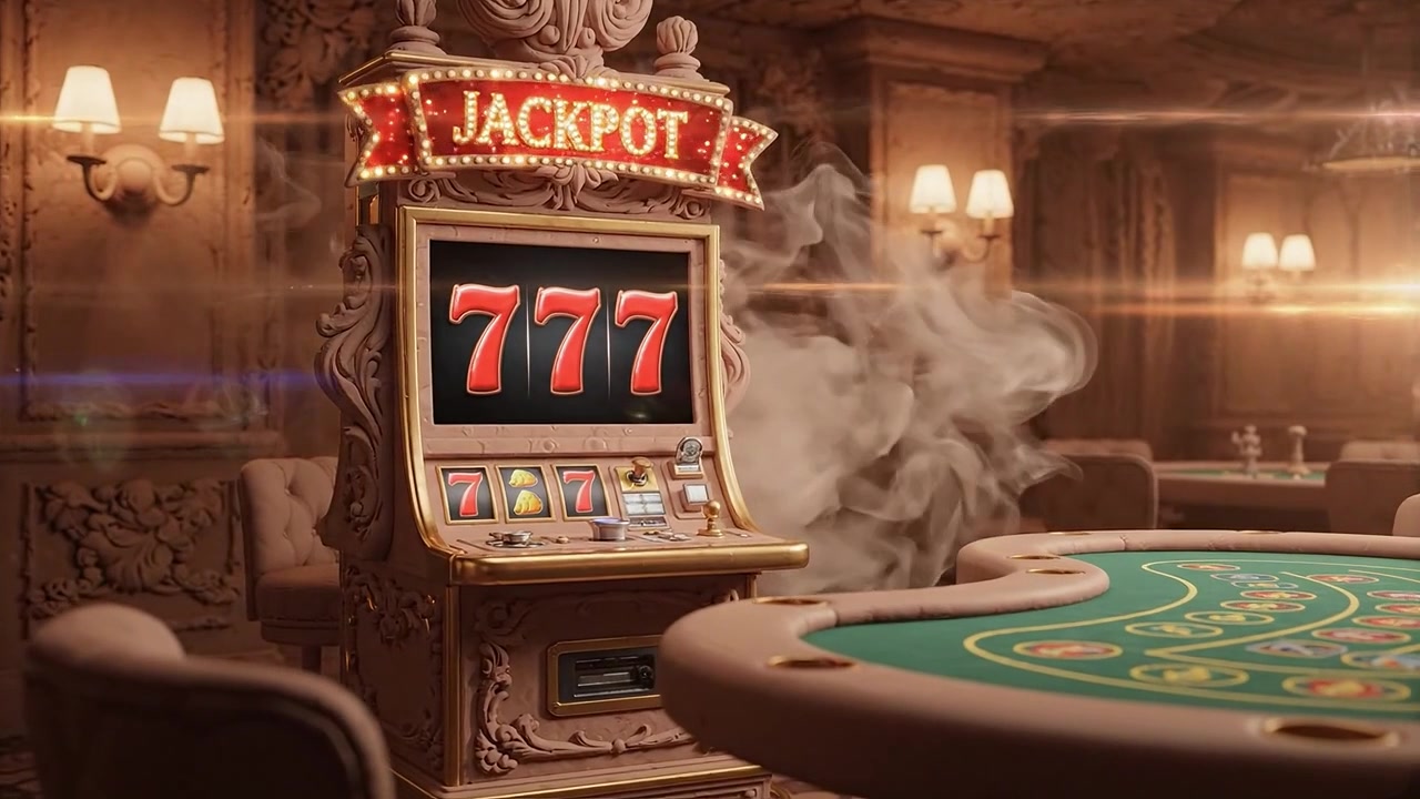 Una vivace scena da casinò con una slot machine che mostra una vincita jackpot, con fumo mistico e un arredamento elegante che circonda un tavolo da gioco verde