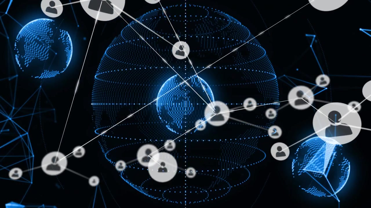 Marcatore bianco che appare vicino a un globo centrale, nodi che si collegano e si espandono, mostrando pari distribuiti.