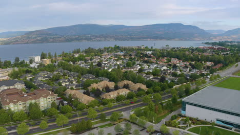 fly over aerial view of a parking lot and suburban sprawl in kelowna near the okanagan lake on a beautiful, sunny summer day