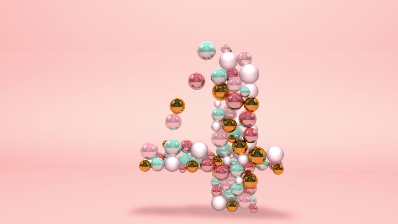 número 4 hecho de cuentas, bolas de vidrio, perlas pastel, joyas de cristal y oro