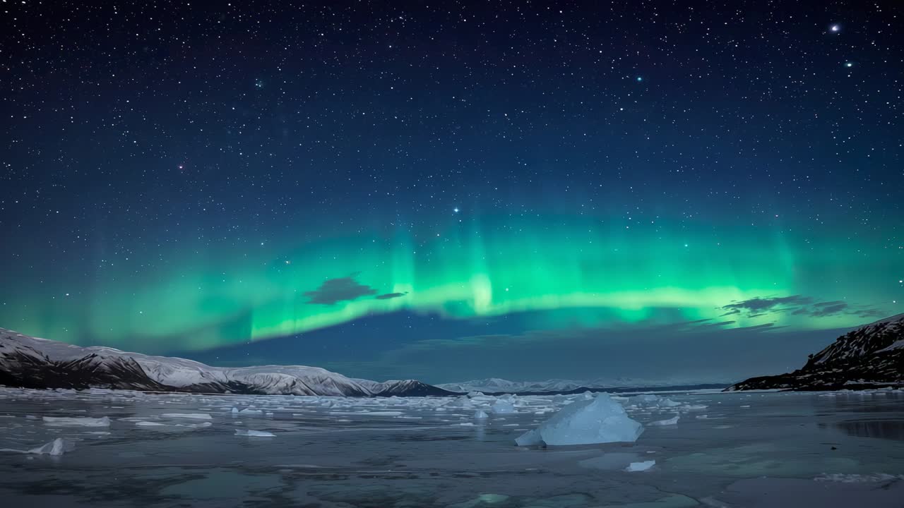 Brightening auroral band reacting to solar wind, arching across Arctic bay, reflecting on ice chunk
