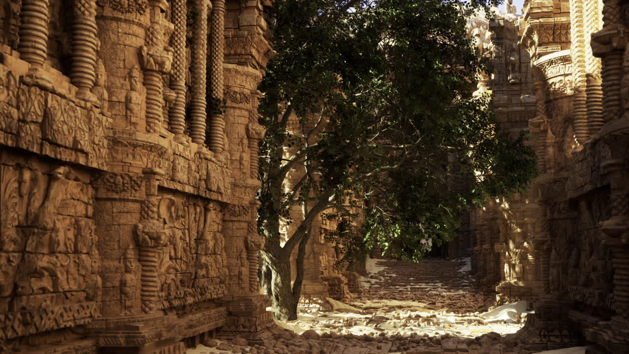Ancient temple ruins reveal intricate carvings and natural beauty at sunset