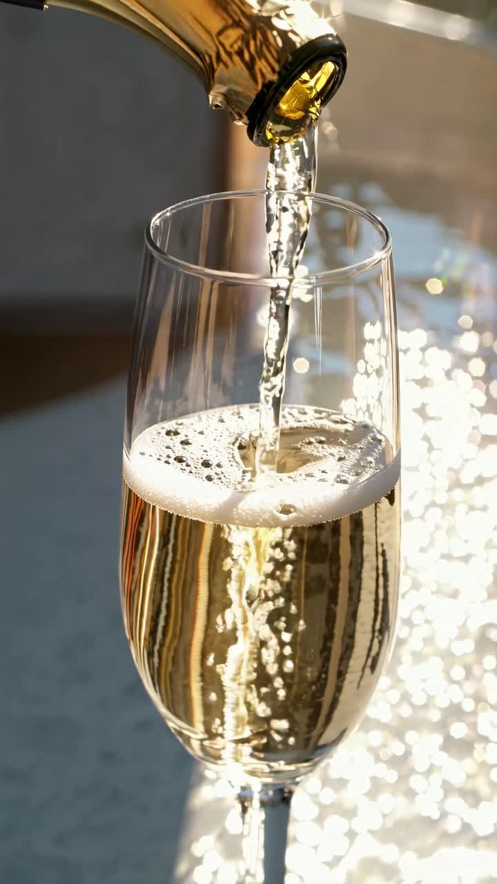 Close-up video shot of champagne being poured into a glass, capturing bubbles and reflections