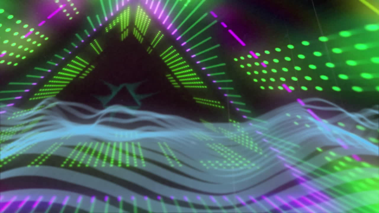 Neon green and magenta triangles floating in scene layering glowing waveform lines flat design