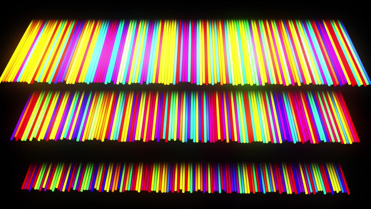 un bucle festivo con partículas multicolores y una cámara animada suave. un fondo de bucle 3d abstracto con partículas de brillo alineadas en una fila a lo largo de líneas en el espacio 3d. un trasfondo de diseño de movimiento.