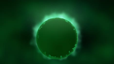 halo verde brillante detrás de un planeta abstracto que fluye en el espacio con nubes de gas en movimiento