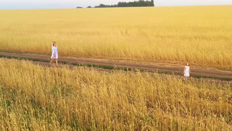mother and daughter walking in a wheat field