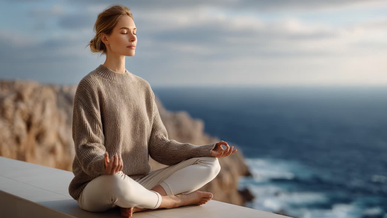 A Serene Moment of Mindfulness: A Young Woman Meditating on a Tranquil Ocean Cliff, Embracing Peace in Nature's Embrace Under a Beautiful Sky
