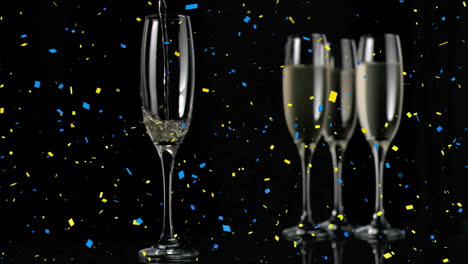 pouring champagne into glass with confetti animation over black background