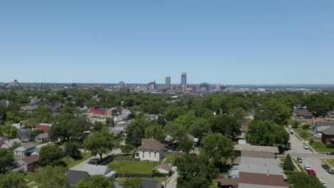 beautiful establishing aerial shot of omaha skyline in midwestern usa