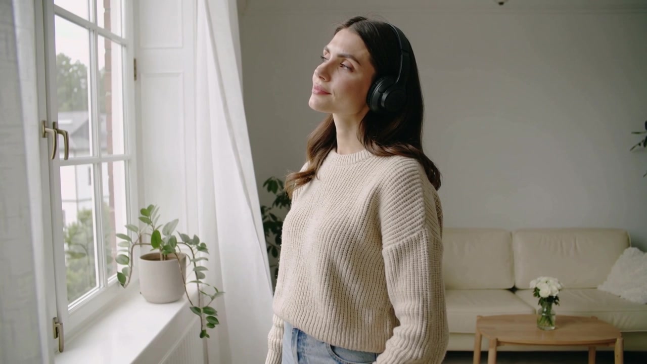 Mentre la musica inizia, una donna con maglione e jeans, con le cuffie, apre gli occhi e guarda fuori dalla finestra a casa.