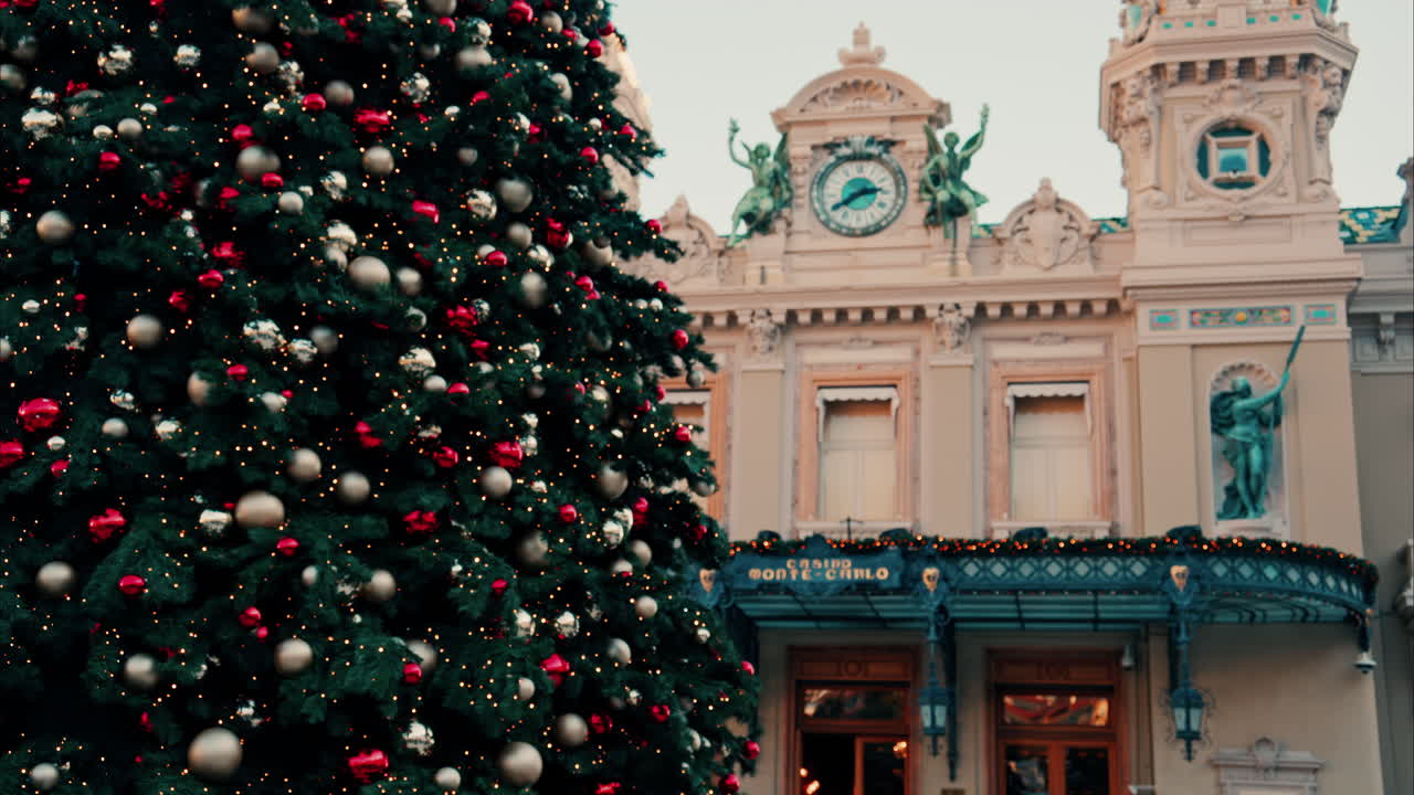 Monte Carlo , Monaco -December 23, 2024: Decorations on a Christmas tree in front of the Monte Carlo Casino