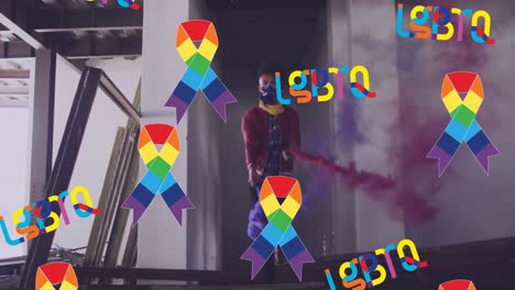 animación de lgbtq y cintas de arco iris sobre un manifestante afroamericano con humo