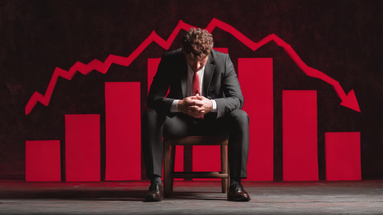 A Reflective Moment: A Professional in a Suit Contemplates Challenges as Declining Graphs Highlight Economic Struggles in a Dimly Lit Environment