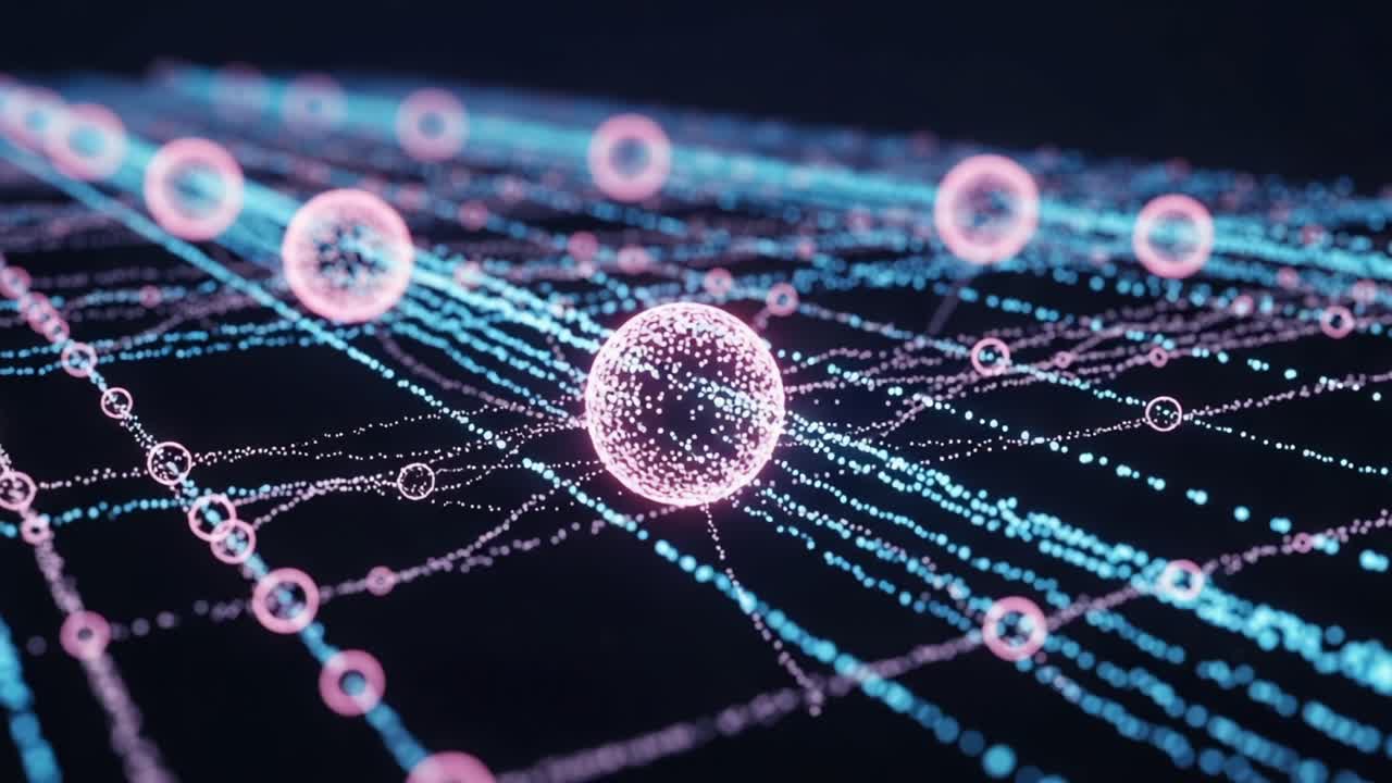 Exploring the Digital Universe: A Futuristic Overview of Spheres Representing Data Points Connected by Vibrant Light Strands in a High-Tech Environment