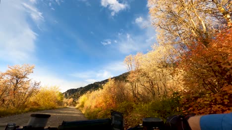 riding a four-wheeler vehicle along a mountain road in autumn - first person view