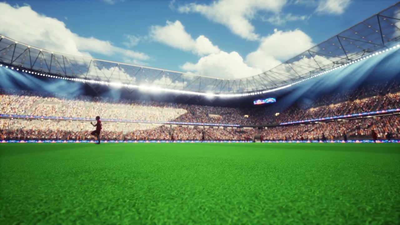 Calciatori renderizzati in 3D che corrono sul campo dello stadio durante una giornata di partita soleggiata