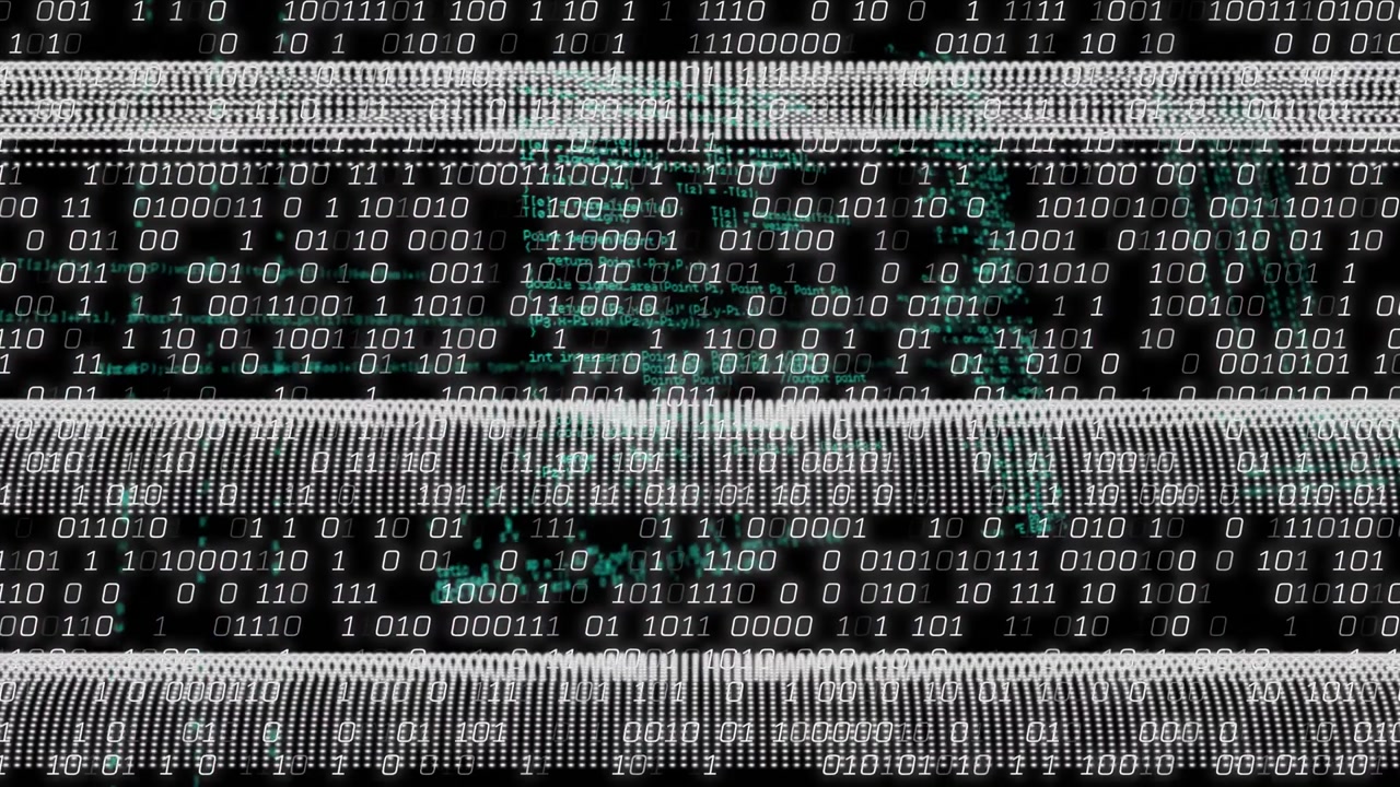 At start white-dot bands shifting and glitching while green code pulsing and presenting binary flow