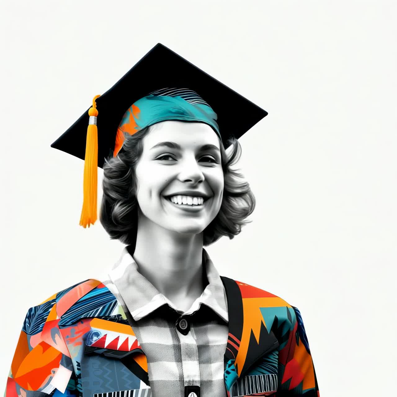 A vibrant, artistic video concept featuring a low-angle shot of a joyful graduate in a colorful
