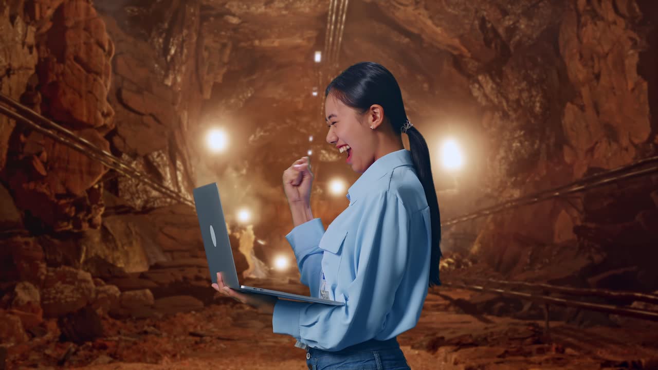 Side View Of Asian Female With Her Laptop In Underground Mine Tunnel, She Raises Her Fist Up With Screaming Goal After Typed On The Laptop