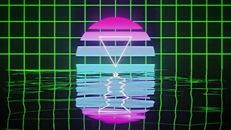 Animation-of-white-triangle-over-glowing-pink-to-blue-circle-over-green-grid-reflected-in-water