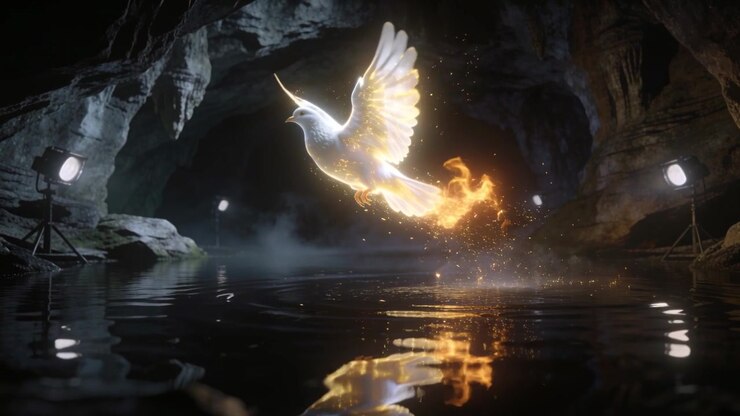 Rising luminous dove-like bird flapping wings leaving pool at rock cave, golden tail glow starting
