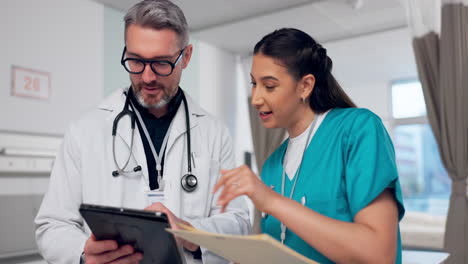 Doctor,-nurse-and-tablet-with-hospital-documents