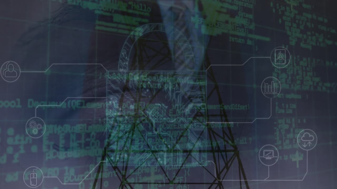 Animation of scanning, virus warning and digital padlock over electricity poles
