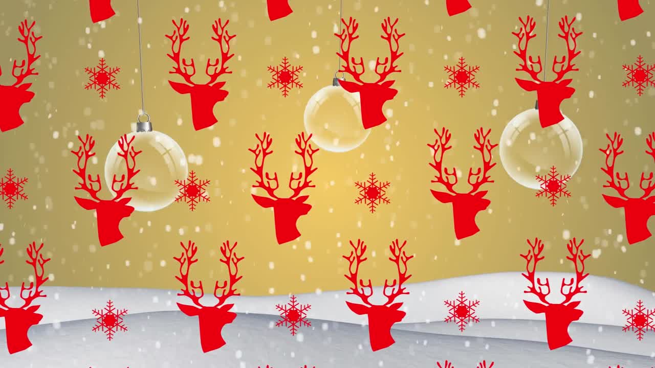 animación de la cabeza del reno repetida sobre los adornos del árbol de navidad