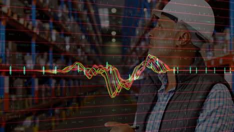 animación del procesamiento de datos financieros sobre un trabajador biracial en un almacén