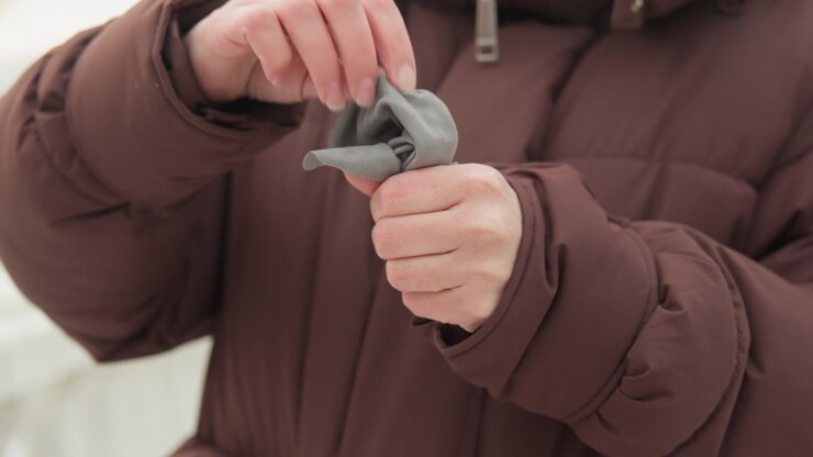 Person in brown quilted puffer jacket seen from chest level, hands presenting small gray object while fingers adjust cuff and zipper, soft indoor light, casual winter clothing detail