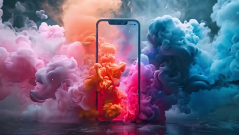 smartphone surrounded by vibrant, colorful smoke clouds