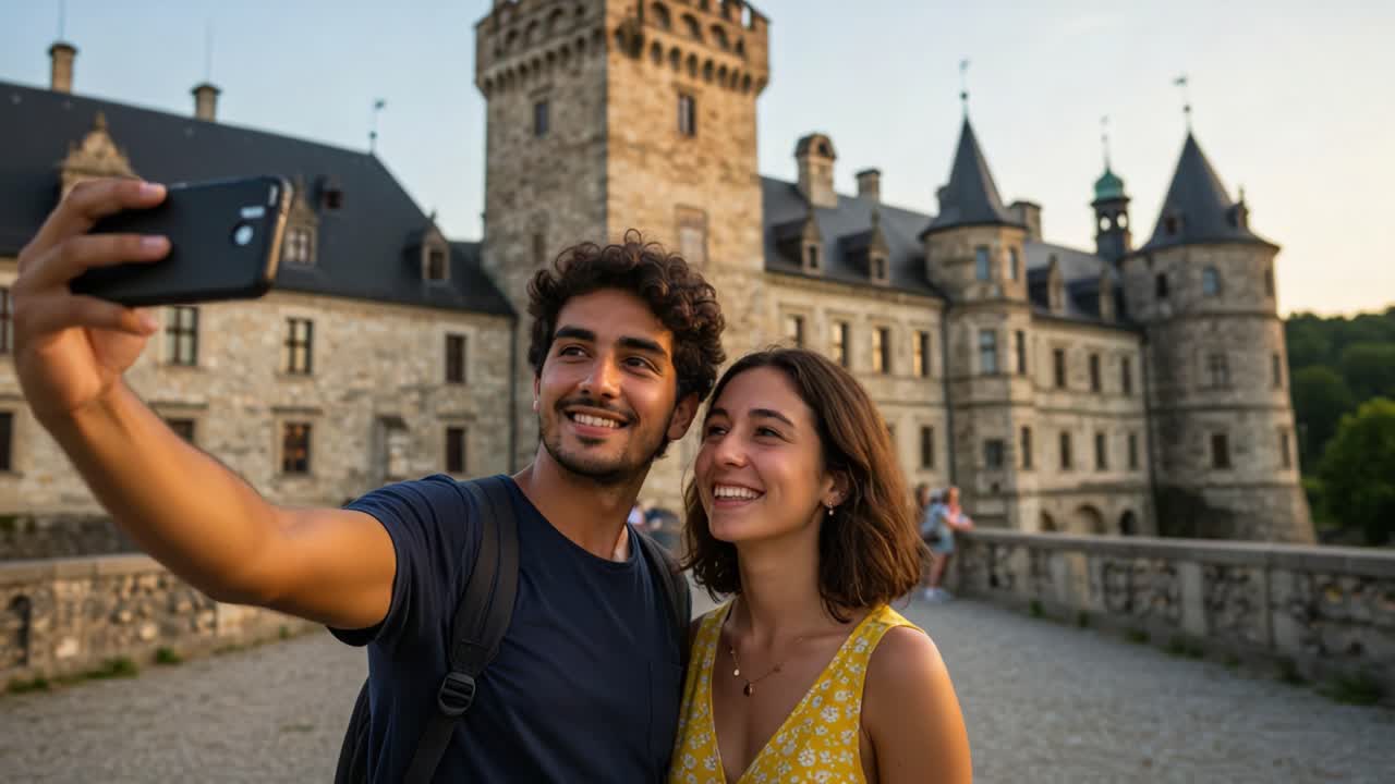 Momenti gioiosi catturati: una coppia che si scatta un selfie perfetto davanti a un castello storico all'ora d'oro, celebrando la loro avventura e il loro legame