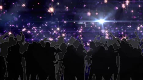 digital animation of spot of light over silhouette of people dancing against red lights